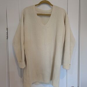 Oversized Cream Knit V-Neck Sweater